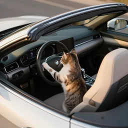 top view of cabriolet, cat sitting in driver seat with paws on steering wheel, golden hour