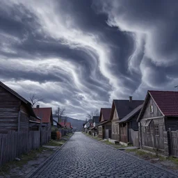 curved!!!!!!!!!!! perspective digital art of curvy clouds in a small village with a cobblestone street by anton fadeev from nightmare before christmas