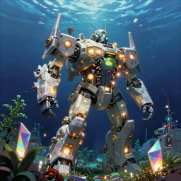 an underwater city comprised of light built in the side of a giant robot trying to save the planet, set in the distant future, plants, light prisms, rainbow diffraction, steampunk, cyberpunk, warm lights, anime, vhs distortion