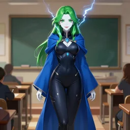 full body portrait of a female wizard in a classroom, skintight black bodysuit, blue robes, green hair, attractive, green eyes, white face, cute smile, lightning, very detailed face, highly detailed, dnd, high fantasy, digital illustration, by rossdraws