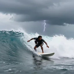 a wide angle dynamic action photo of a black man with dreadlocks surfing in a thunderstorm, large violent waves, by clark little and chebokha.