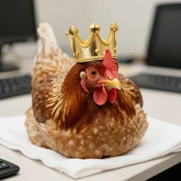 a stately close - up photograph of a chicken wearing a golden crown on a white cloth on an office table