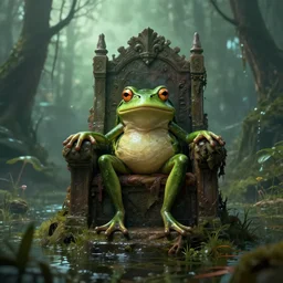 a frog wizard sitting on a throne on an apocalyptic plagued swamp, trending artstation, octane render, 8k, cinematic lightning, matte painting,
