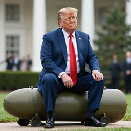 a picture donald trump sitting on a nuclear missile looking smug, high detail