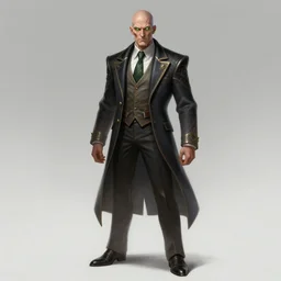 a highly detailed illustration of bald old man wearing suit with green glowing eyes, dramatic standing pose, intricate, elegant, highly detailed, centered, digital painting, artstation, concept art, smooth, sharp focus, league of legends concept art, wlop.