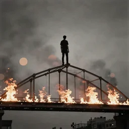lomo photo of a man standing on top of a burning bridge, cinestill, bokeh, out of focus, night, dramatic lighting