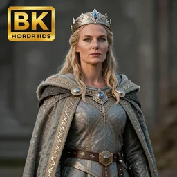 photo of a real-life beautiful nordic warrior queen with ornate cloak and crown, 8k, HDR, award-winning, sharp focus, volumetric lighting,