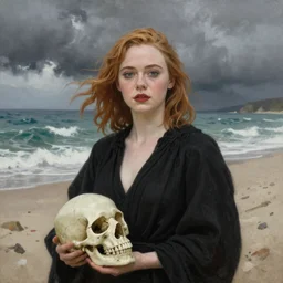 Elle Fanning in a black robe holding a skull on the beach, head and shoulders portrait, stormy weather, extremely detailed masterpiece, Roger Deakin’s cinematography, oil on canvas, Norman Rockwell,