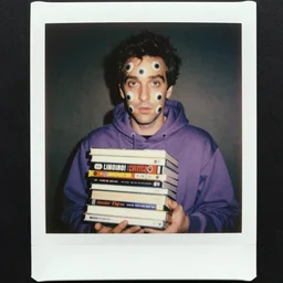 medium shot, polaroid photo of man with multiple eyes over all your face, wearing a violet hoodie, holding a pile of comic books, 8 0 - s, polaroid photo, by warhol,