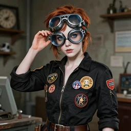 an eccentric beautiful pale - skinned mechanic nerd girl wearing a black - jumpsuit with many colorful badges and big goggles, by alan lee, 4 k
