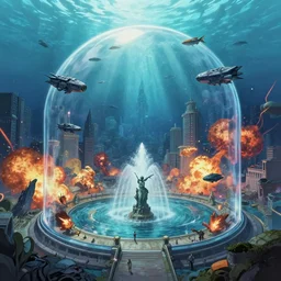 A bustling beautiful city on the sea floor inside a glass dome being invaded by aliens, war, explosions, violence, terror, war spaceships, anime, fountain, statue, underwater, rapture, fish flying over head, godrays, a fantasy digital painting by Greg Rutkowski and James Gurney, trending on Artstation, highly detailed