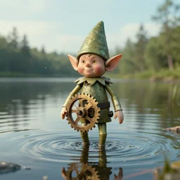 clockwork elf in the middle of a lake