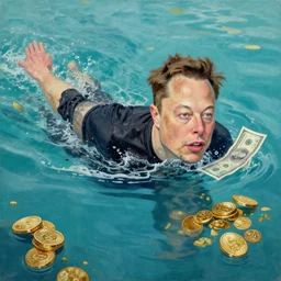painting of Elon Musk swimming in money and gold