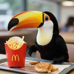 an anthropomorphism toucan enjoying a meal at mcdonalds, photo taken in 1 9 6 6, highly detailed photography, 3 5 mm, natural light, bokeh effect