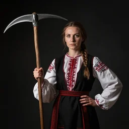 romanian woman with scythe, drmatic ligthing, traditional romanian clothes