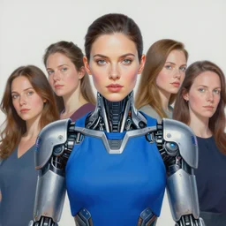 portrait of woman wearing cybernetic power armor. cerulean tunic. intricate painting by ross tran, magali villeneuve, and jeremy mann.