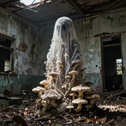 a ghost made of fungi in an abandoned building