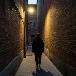 you walk through a narrow alleyway made of bricks, and the only thing that lights up the place is a street light next to it