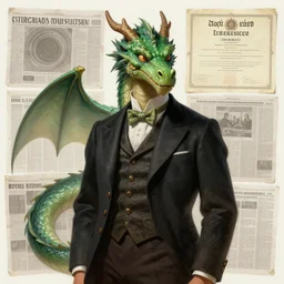 anthropomorphic art of a businessman dragon, green dragon, portrait, victorian inspired clothing by artgerm, victo ngai, ryohei hase, artstation. fractal papers, newspaper. stock certificate, highly detailed digital painting, smooth, global illumination, fantasy art by greg rutkowsky, karl spitzweg