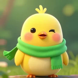 a cute yellow bird blushing wearing a green scarf!!!, artstation, high quality, smooth, detailed