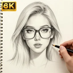 portrait of beautiful young blonde woman with big eye-glasses, hand drawn pencil sketch, 4k