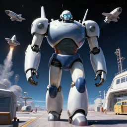 a high resolution 8 k award winning photo of a giant anime robot with rounded and circular parts walking towards a spaceship, in the background is a spaceport with spaceships taking off and landing, by annie liebowitz