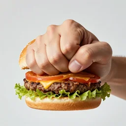 hamburger crushed by fist, commercial photography