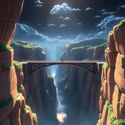 a wholesome animation key shot of a futuristic bridge over a canyon, by studio ghibli, animation, sharp, rendered in unreal engine 5, focused, anime key art by greg rutkowski, bloom, dramatic lighting