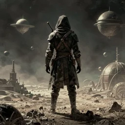 a retrofuturism hunter from bloodborne on a space yharnam, style by retrofuturism, few details, faded color, by malcolm smith