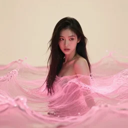 lee jin - eun emerging from pink bioluminescent wave in ivory cyberpunk theme by tran nguyen, rule of thirds, seductive look, beautiful