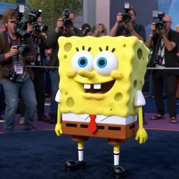 Paparazzi photographers a terrified SpongeBob SquarePants at his movie premiere, photorealistic