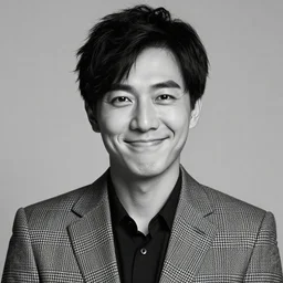 a man in a checkered suit looking at the camera for a photo with a twisted smile and with short medium black hair and no facial hair, and the photo is in black and white ( high detailed photograph, greatly illustrated, good quality )