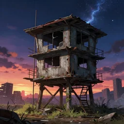 a beautiful very detailed anime illustration of abandoned nature unfinished building signal box architecture urbex industrial architecture city building by thomas cole, cosmic extraterrestial assassin's creed crystal atlantis at night magic realism sunset anime, archdaily, wallpaper, highly detailed, trending on artstation.
