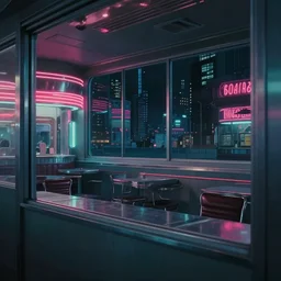 vertical movie frame 6 0's retro diner interior, neon - decorated urban on night in the city seen through the window, modern interior design, architectural design, vintage, night blade runner, dark, postapocalyptic, clean lines, 4 k, octane, miyazaki film, lunarcore city seen at distance outside, big windows, octane, wide angle