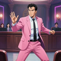 Thomas Jane, illustration of Saul Goodman wearing a pink suit defending his client in a courtroom, art by Ilya Kuvshinov, highly detailed, anime key visual, neon glow, epic landscape, HD digital art, artstation