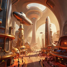 a bulbous zaha hadid space-station city street interior with gaudi buildings inspired by a nuclear reactor submarine and maschinen krieger, ilm, beeple, star citizen halo, mass effect, starship troopers, elysium, iron smelting pits, high tech industrial, warm saturated colours