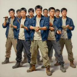 palette knife oil painting of the underhand naga gang, a mixed asian gang who wear cargo or cami pants, work boots, and light navy jackets over beige shirts. they wrap their hands in rope and wield smg - tonfa hybrids. extreme detail, artstation trending, artgerm, deviant art, octane, substance, art history 8 k