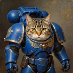a portrait of a cat as a Space Marine from the Warhammer 40k, ultramarine space marine cat, blue armor, glorious, masterpiece painting by Rembrandt