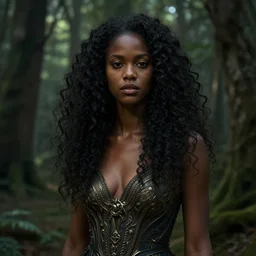 photography of young black jennifer love hewitt, lost in the forest, dramatic light, dark skin, deep focus, d & d, fantasy, intricate, elegant, highly detailed, digital painting, artstation, concept art, matte, sharp focus, illustration, hearthstone, art by artgerm and greg rutkowski and alphonse mucha