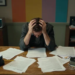 writer struggling, embracing head in own hands, wide shot, front view, papers on table, colorful, cinematic composition, style by rembrandt, chaos on table