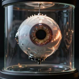 cyborg eyeball floating in a glass container