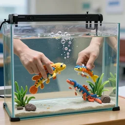 fish tank in hospital waiting room. hands in tank. plasticine model of newt. figures clay. weird. surreal. fish tank strange. bubbles. tilt shift. tank. fighting aquatic photography. photorealistic.