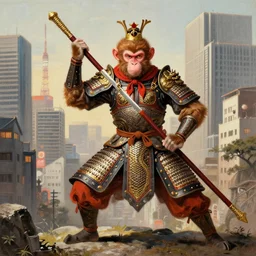 monkey king medieval chines armor fighting dragon in tokyo city by gaston bussiere