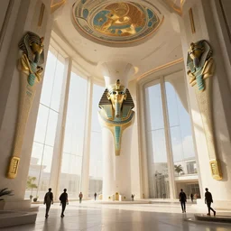 the inside of a monument with egyptian motifs, by tim blandin and arthur haas and bruce pennington and john schoenherr, big windows architecture by zaha hadid, octane render, warm colour scheme, white, cinematic, scenery, cgsociety, modernism, futuristic, trending on artstation, sci - fi, high detail, high quality, close up angle, people walking