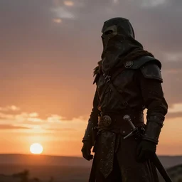 a lone tusken raider watching the sunset, by Evgeny Lushpin, luminous lighting, cinematic