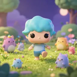 Aquarius as a cute character playing in a magical field surrounded by super super cute creatures, funko pop, digital art, artstation, cinematic photo, ratio 16:9