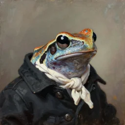a head - and - shoulders portrait of an amazon milk frog looking off camera wearing a closed black buttoned jacket with a white scarf around his neck, an american romanticism painting, a portrait painting, cgsociety, soft focus, oil on canvas