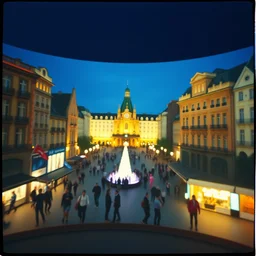 3 d 🤖 popping out of curved screen, town square, volumetric lighting, bokeh, creterion collection, shot on 7 0 mm, instax
