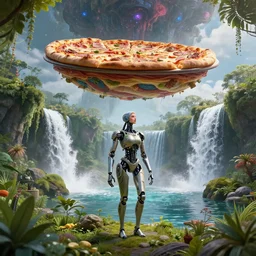 beautiful digital fantasy illustration of a robot in a garden, a full body portrait of a beautiful post apocalyptic offworld neoicelandic biofarmer swimming by the waterfalls, cinematic, hyper realism, high detail, octane render, unreal engine, 8 k, surreal, beautiful, insane detailed, layered pizza dream boat floating in the cubic space of cosmic terror, highly detailed, soft lighting, rendered in octane, masterpiece, very very very aesthetic