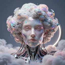 portrait of a person made of fluffy iridescent clouds by robin eley and jusepe de ribera and brom, futurepunk, cybernetic components!!, electrical wiring!, ring light, closeup, fantasy art, highly detailed, digital art, masterpiece, pearlescent, opalescent